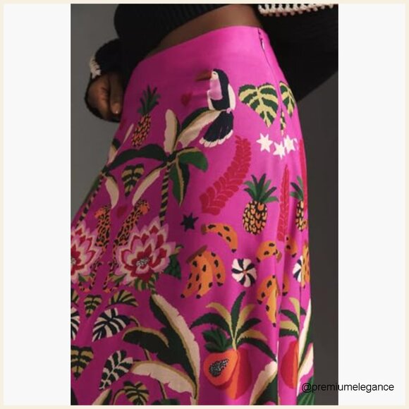 Midi Skirt High Waist Zipper A-Line Floral Print Polyester Spandex - Picture 5 of 7